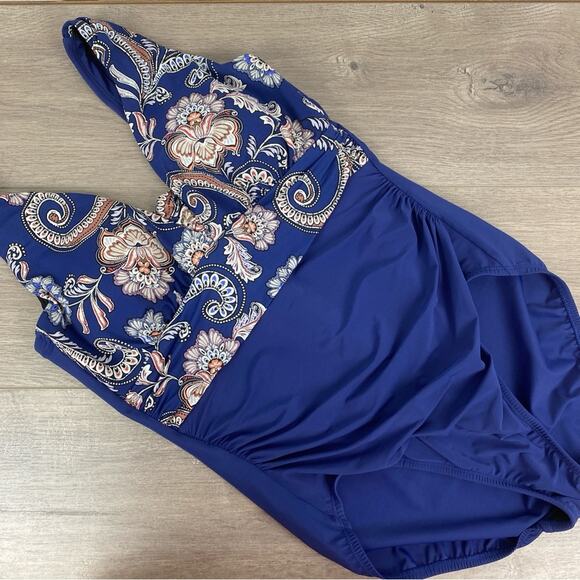 Lands End Blue Floral Slendersuit Grecian Tummy Control One Piece Swimsuit Sz.10 - Picture 6 of 16